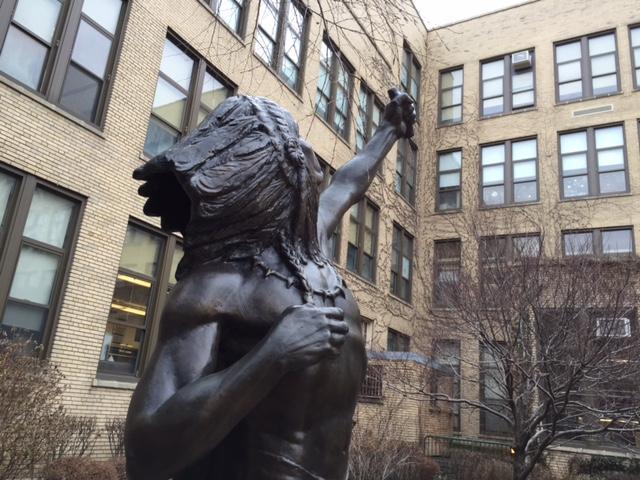 Shooting the Stars, a bronze statue in Lanes Memorial Garden, symbolically urges students to set their sights on lofty goals, according to the Lane Tech website. Artist J. Szaton created the statue.
