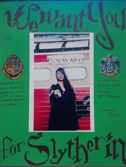 Hogwarts School of Witchcraft and Wizardry’s advertisement inviting people to join, with Club President Hope Beckett posing for the Slytherin house.