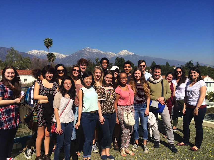 On the first day of the trip, Lane students and teachers pose in front of the mountains
that overlook Claremont McKenna College.