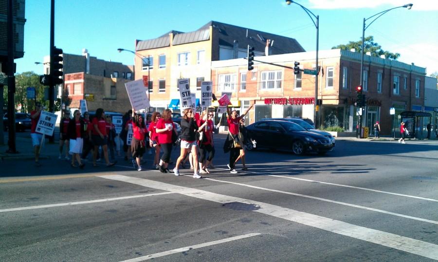 Teachers picket near Lake View High School, near the corner of Ashland and Irving Park Road, in September 2012.