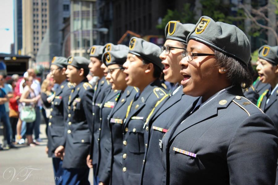 Cadets partake in Memorial Day parade. Right to left: Sharae Corbin (Div.762), Doreyda Rivera (Div.766),  and Darryl Bustalena (Div.654).
