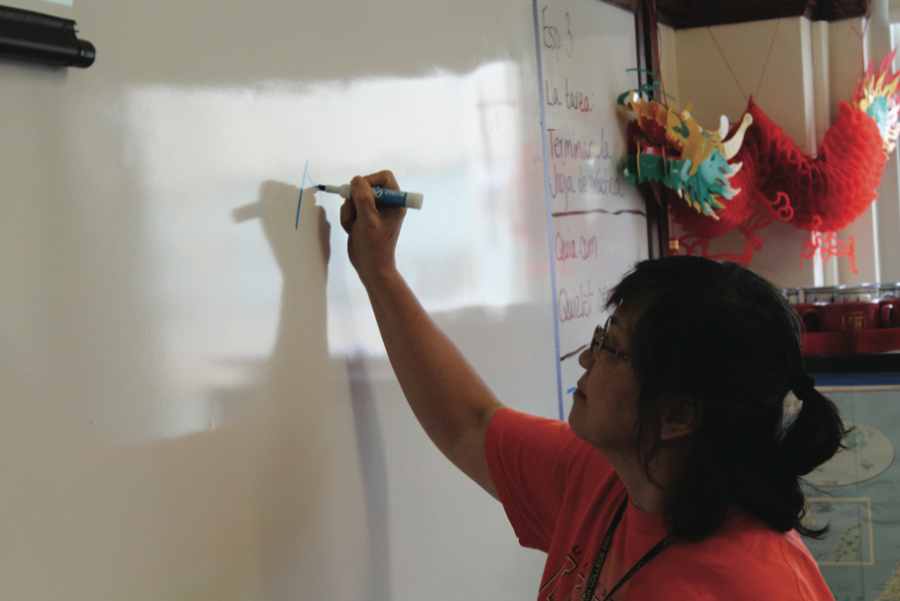 Ms. Chang, or Zhang Laoshi as she is properly called, is pictured writing characters on the board to accompany an image she displayed on the projector, to help students learn characters.
