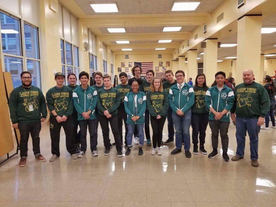 The Academic Decathlon team at the Jan. 28 regional competition, where the team finished in first place. 