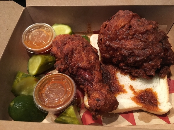 Parson’s Chicken and Fish Hot option, featuring two pieces of spicy chicken and pickles.