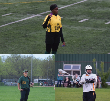 Uniforms in action: rugby (top), Varsity softball (bottom left), and JV lacrosse (bottom right).