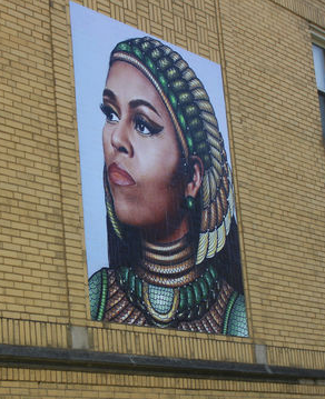 Chicago artist Chris Devin’s plagiarized art in the South Shore mural of Michelle Obama. (Photo courtesy of Andrea Watson.)
