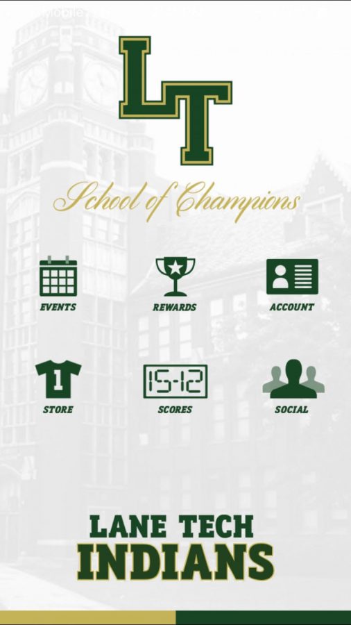 Homescreen of the app, showing its six different features and its slogan, “School of Champions.”