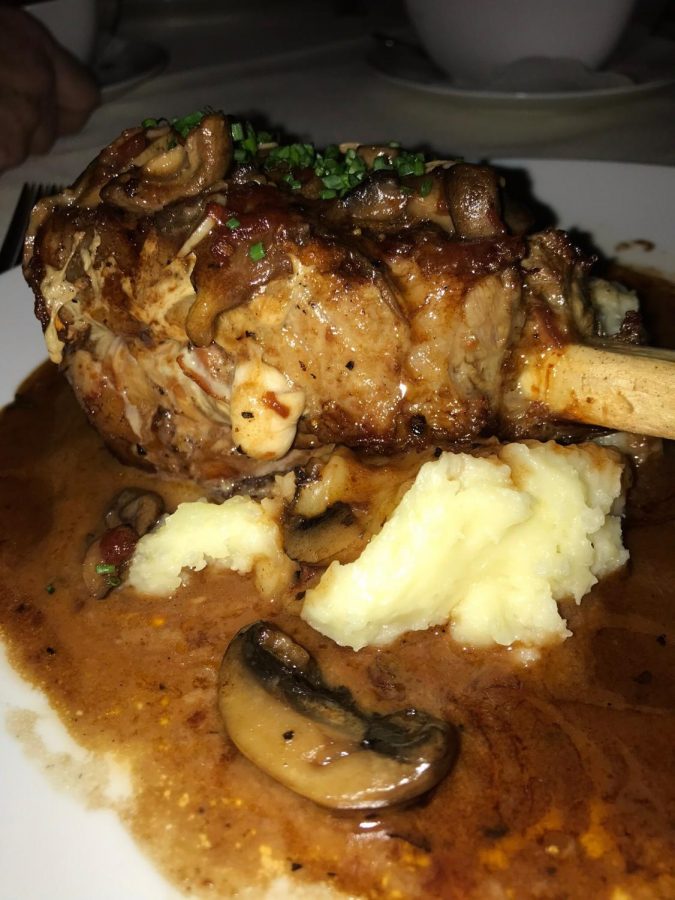 Veal (calf) chop stuffed with prosciutto and mozzarella, topped with foie gras and wild mushrooms, drizzled with a sherry sauce.