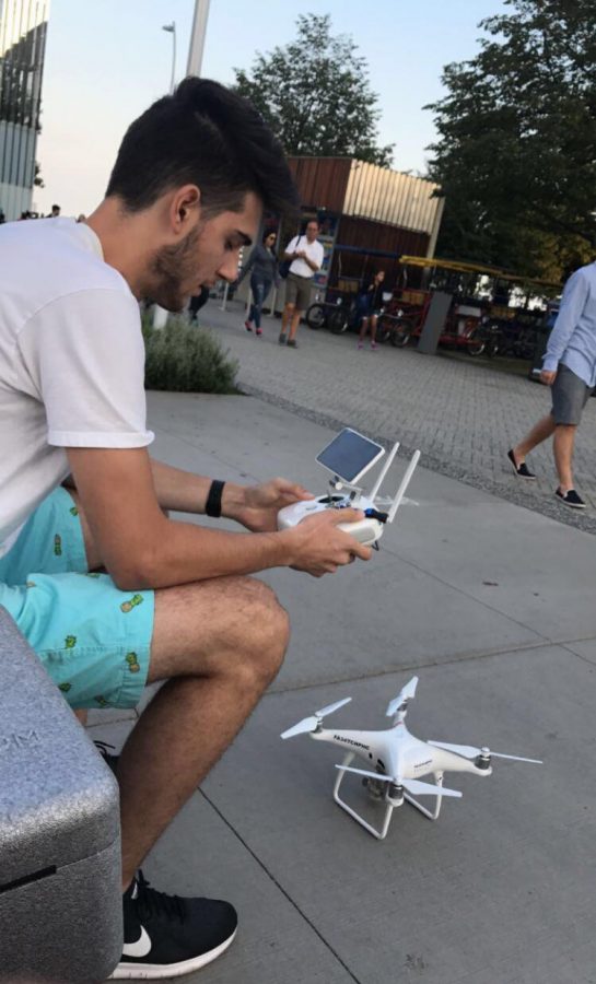 Stefan Rebic, Div. 890, works to calibrate the compass and GPS on his drone before taking video for a contract at Navy Pier. (Photo courtesy of Stefan Rebic)