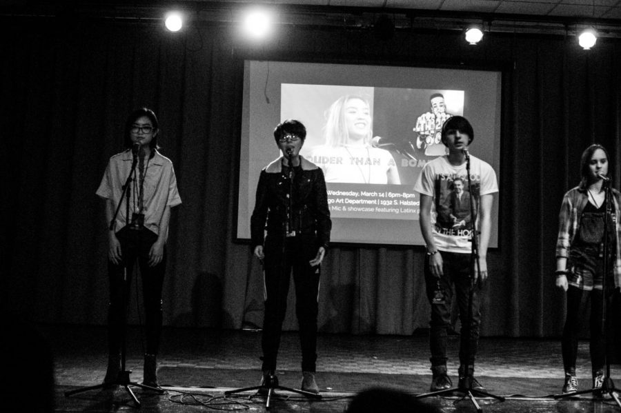 Poets Alexis Gaw, Keith Spindle, Xavier Fraid, and Jolie Mahr performing their group piece “Keeping Secrets.” (Photo courtesy of Isaac Manesis)