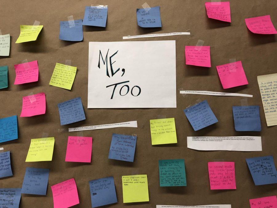 Student written comments on “Me, Too” board, presently located on the wall leading to the Memorial Garden by staircase Z. The “Me, Too” movement is a national movement that was expanded schoolwide to Lane. 