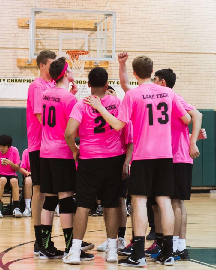 The boys volleyball team huddling in the middle of their Dig Pink game against Lincoln Park. With a winning score of 25-12,  the team arranged the game as a way to sponsor the Think Pink club and their causes toward ending breast cancer. (Photo courtesy of Jonathan Chala) 