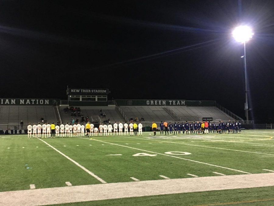 Lane and Leyden line up before their Regional Semifinal battle. With the win, Lane will face New Trier in the Regional Final on Oct. 20 at New Trier.