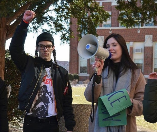 Cara Fitzgerald and David Flores speak at Lane’s student walkout in March of 2018  (Photo courtesy of Amie Ramirez)