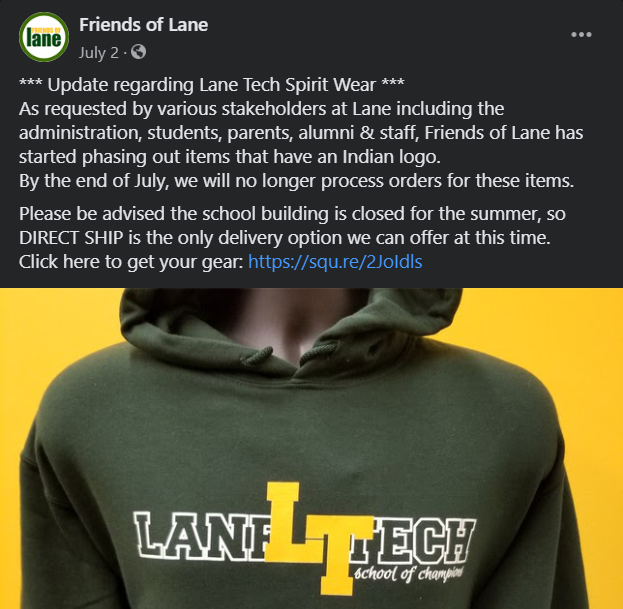 Friends of Lane announced earlier this summer they would phase out items with the Indian logo (Screenshot from Friends of Lane Facebook page)