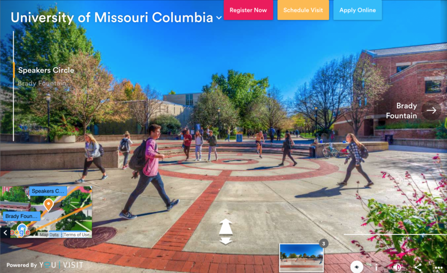 Despite the cancelation of in-person college tours because of COVID-19, students can still virtually learn more about a school. Online tours often offer a 360-degree view of the campus and a virtual guide that talks about the college. (Screenshot of a virtual University of Missouri’s Speaker’s Circle from a YouVisit tour)