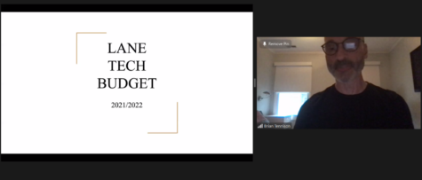Lane Principal Brian Tennison gives the budget presentation at the May 18 Local School Council meeting. (Screenshot from meeting)