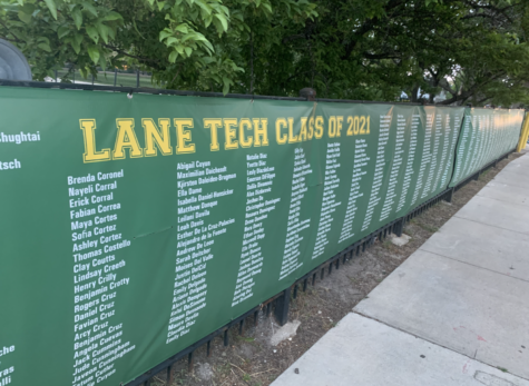 A senior appreciation banner hangs outside the Lane parking lot as graduation approaches on June 17.