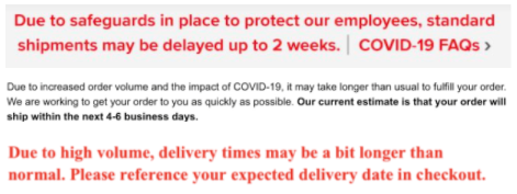 A message about a shipping delay received by a shopper. 
