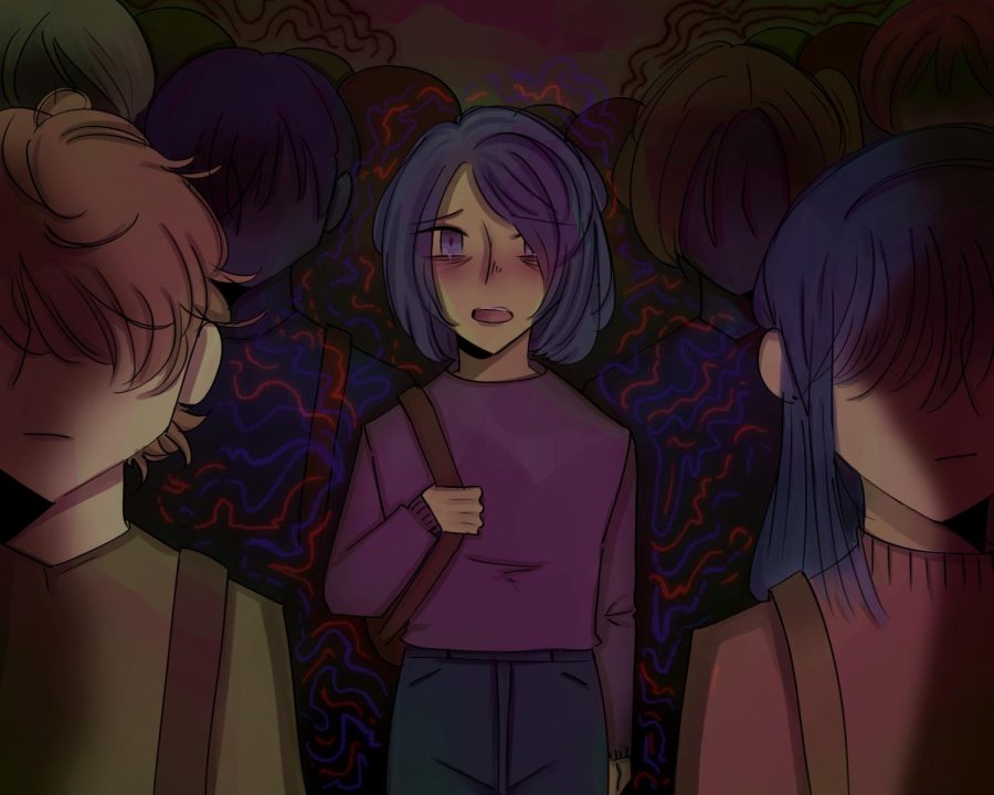 The feeling of being stuck in your thoughts in a hallway filled with your former friends. (Illustration by Gen Carlozo)