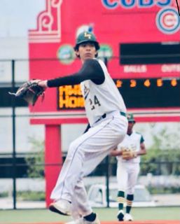 Junior Amaan Khan pitching for Lane at Kerry Wood Field. (Photo courtesy of Amaan Khan)