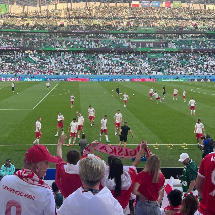 Fans of Poland’s national football team root their team on from the stands of the Lusail Stadium in Doha, Qatar. (Photo courtesy of Kamil Pluta)