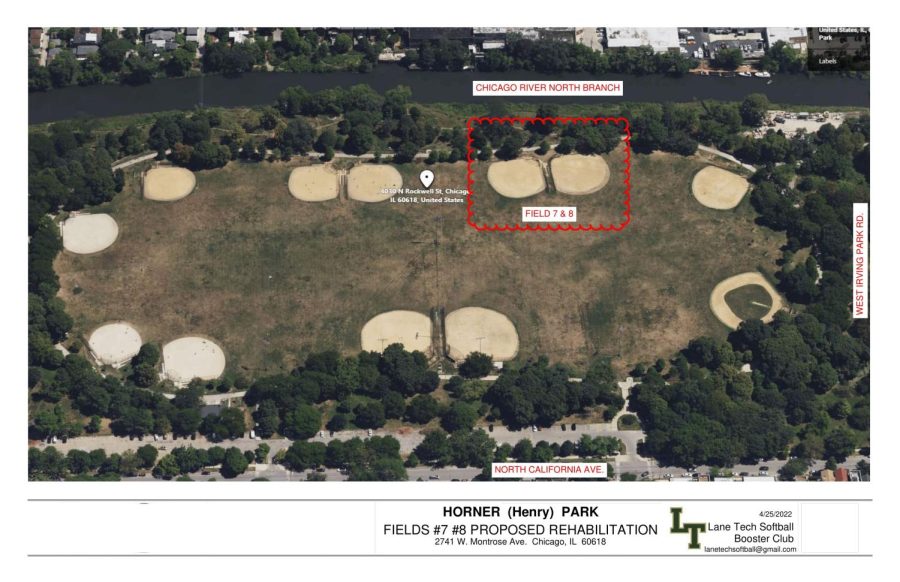 The proposed location for two new back-to-back turf softball infields at Horner Park. (Image courtesy of Bob Brobson)