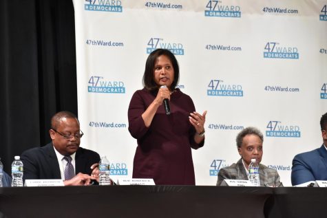 Ald. Sophia King, a candidate for mayor, speaks during the Mayoral Candidate Forum held at Lane on Jan. 15. 
