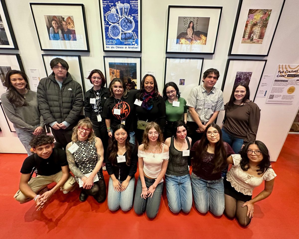 Top row from left to right: Marjorrie Custodio, Marlon Guaraca, Kai Niederpruem, Leilani Dukes, Alyssa Alnemri, April Coleman, Daniel Lazaro, Amy Diamond. Bottom row from left to right: Sergio Zaragoza, Kelly Novak, Sophie Wu, Bianca Pop, Addie Green, Karina Ramirez, Celia Fuentes. The Culture We Carry, citywide contest that that features various artists from Lane, served as a way for students to express their different perspectives and views on their culture. Photo Courtesy of Amy Diamond.