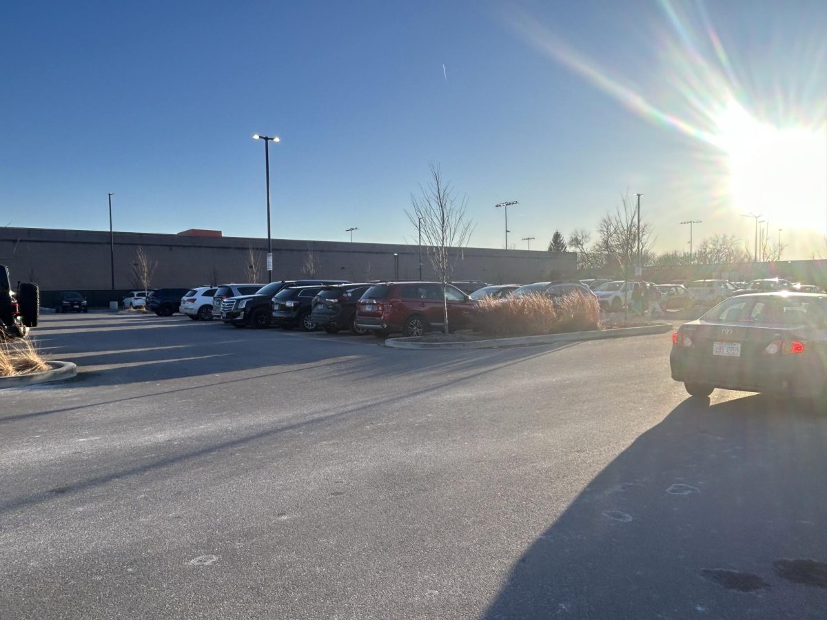 Cars in the Lane Tech parking lot.