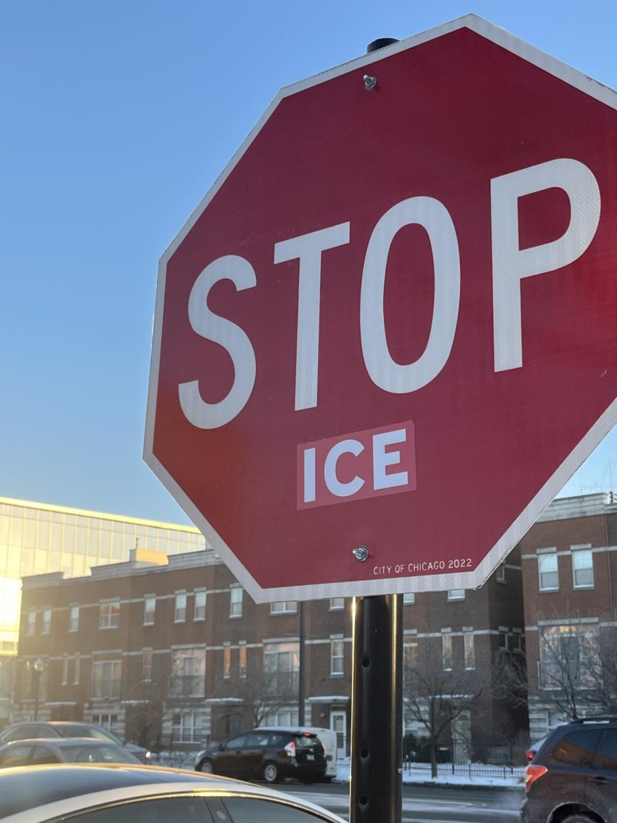 “Stop ICE” protest sign located on Wrightwood and Sawyer highlighting one of the recent responses of Chicagoans amidst ICE’s deployment to the city. 
