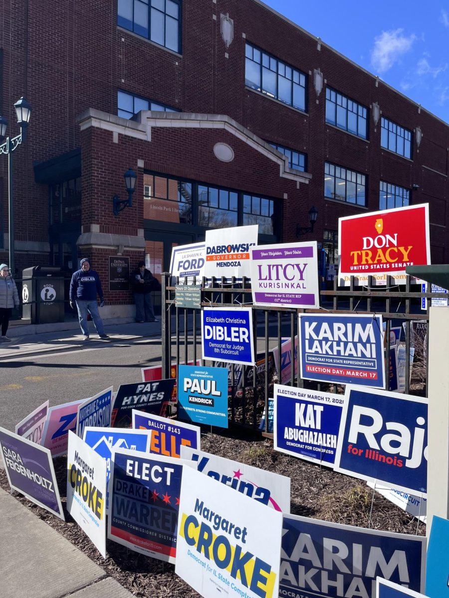 Lawn signs promote candidates at an early voting sight.

