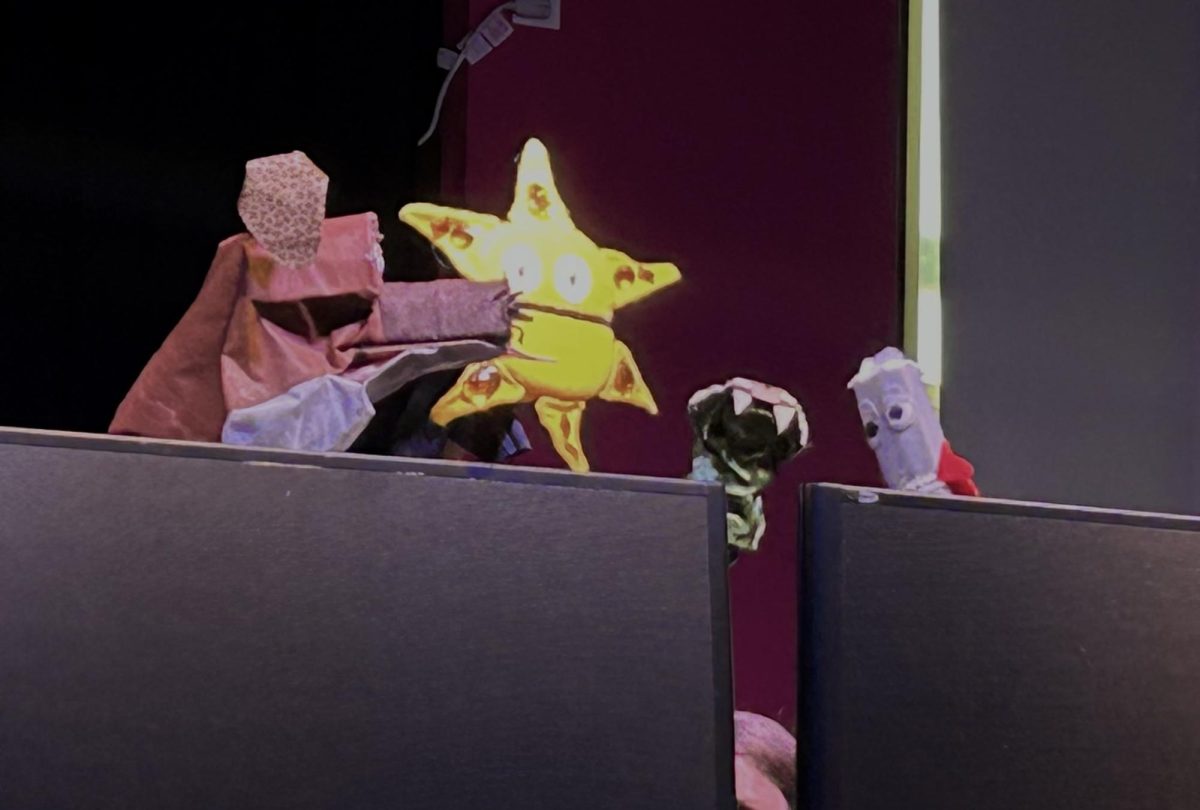(From left to right) Julian Hernandez-Suster, Julia Shepardson, Sloane Smith, and Lydia Vodopic perform their scene titled “Bork Bork” as Seymour, Sunny Sunston, Snakiera, and Pipemaster.
